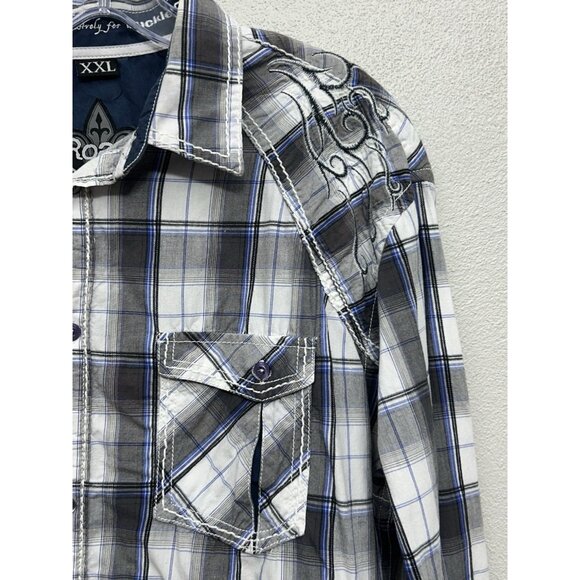 Buckle Roar Button Up Shirt Mens 2XL XXL Plaid Embroidered Long Sleeve Biker - Picture 4 of 9